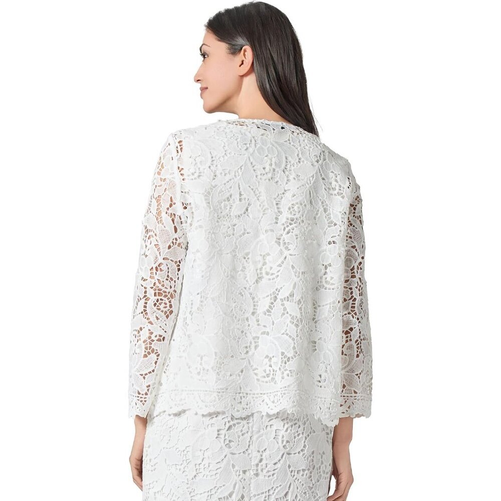 Women's Lace 3 Quarter Sleeve Open Cardigan Petite Size 4 Crew Neck White - Picture 3 of 3